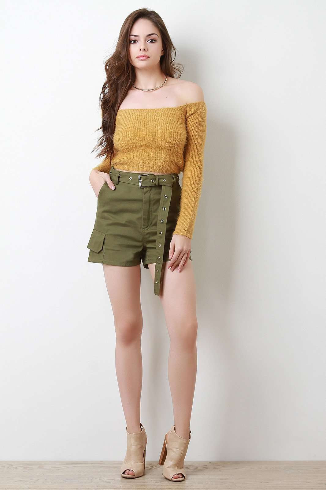 Fuzzy Knit Long Sleeve Bardot Crop Top